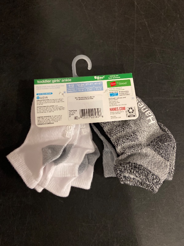 Photo 1 of 2T-3T Hanes Toddler Girls' 6pk Solid Socks - White/Gray/Black 2T-3T: Ankle, Breathable, Moisture Wicking