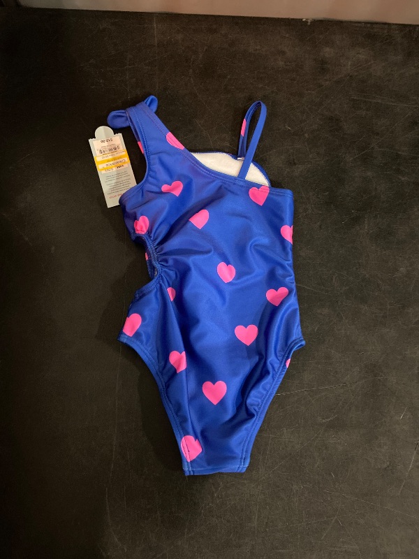 Photo 1 of 18M Baby Girls' Heart Printed Cut Out One Piece Swimsuit with Bow - Cat & Jack™ Blue 18M: Asymmetrical Back, UPF 50+, Elastic Leg Openings