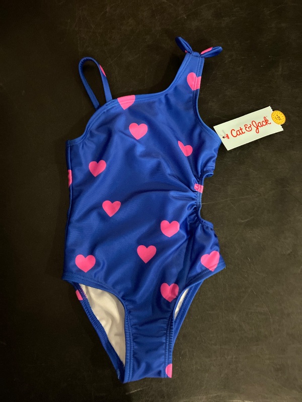 Photo 1 of 18M Baby Girls' Heart Printed Cut Out One Piece Swimsuit with Bow - Cat & Jack™ Blue 18M: Asymmetrical Back, UPF 50+, Elastic Leg Openings