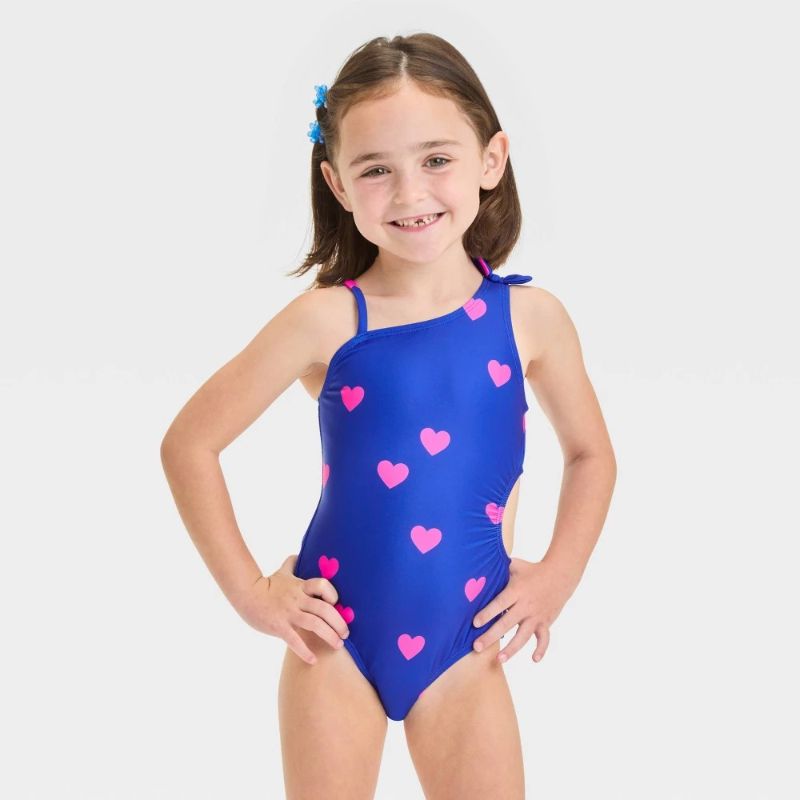 Photo 1 of 18M Baby Girls' Heart Printed Cut Out One Piece Swimsuit with Bow - Cat & Jack™ Blue 18M: Asymmetrical Back, UPF 50+, Elastic Leg Openings