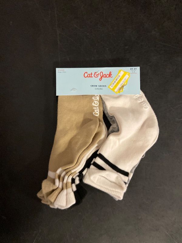 Photo 1 of 2T-3T Toddler 6pk Striped Neutral Varsity Crew Socks - Cat & Jack™ 2T-3T: Lightweight, Nonslip Grippers
