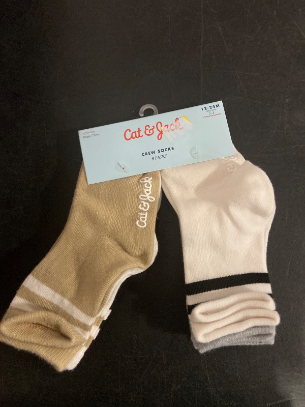 Photo 1 of 12-24M Baby 6pk Striped Neutral Varsity Crew Socks - Cat & Jack™ 12-24M: Lightweight, Nonslip Grippers