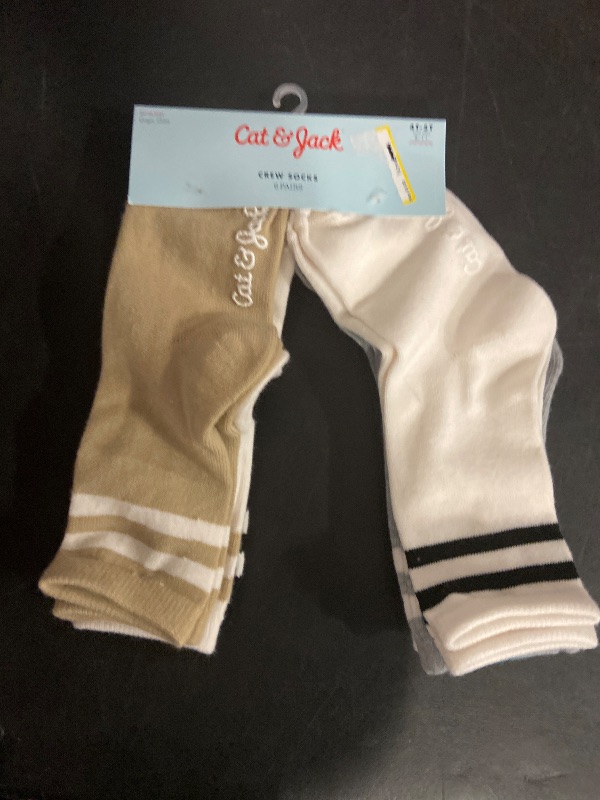 Photo 1 of 4T-5T Toddler 6pk Striped Neutral Varsity Crew Socks - Cat & Jack™ 4T-5T: Lightweight, Nonslip Grippers, Machine Washable