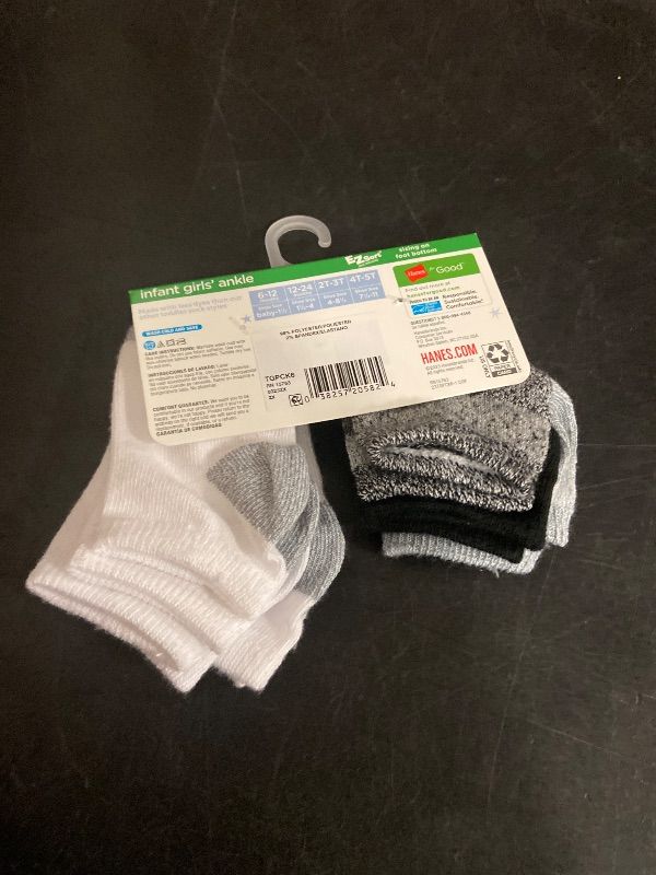 Photo 1 of 12-24M Hanes Baby Girls' 6pk Solid Socks - White/Gray/Black: Breathable, Moisture Wicking, Ankle Length