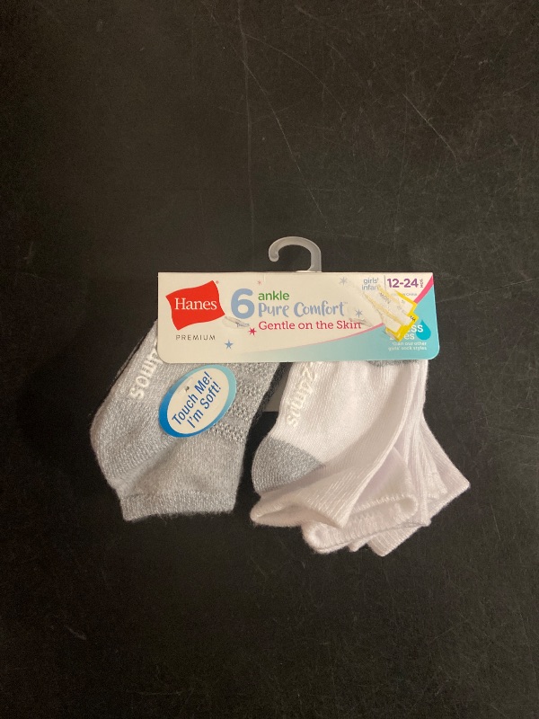 Photo 1 of 12-24M Hanes Baby Girls' 6pk Solid Socks - White/Gray/Black: Breathable, Moisture Wicking, Ankle Length