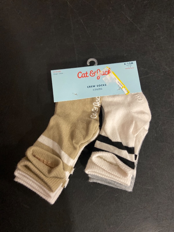 Photo 1 of 6-12M  Baby 6pk Striped Neutral Varsity Crew Socks - Cat & Jack™ 6-12M: Lightweight, Nonslip Grippers
