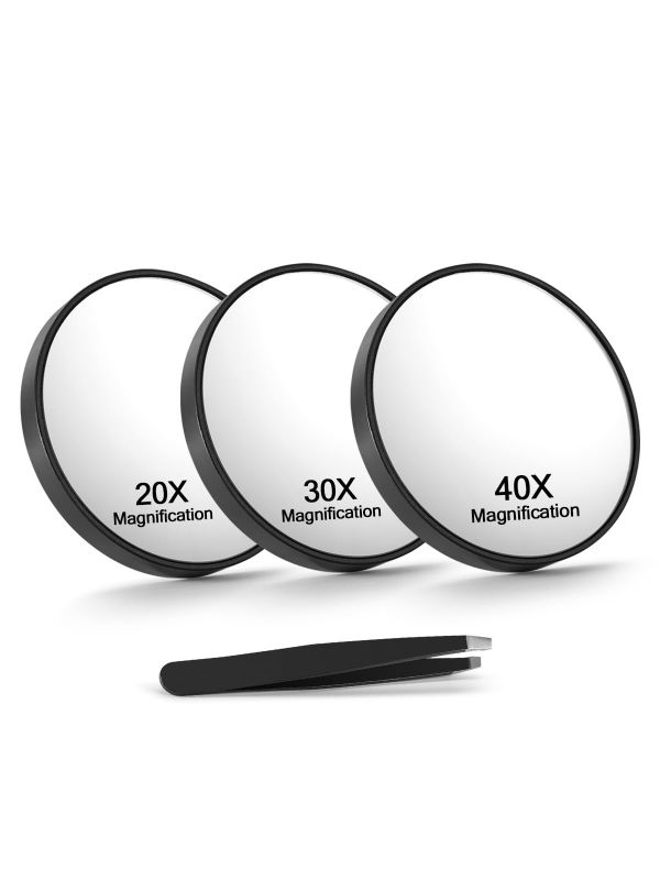 Photo 1 of Macaki 20X/30X/40X Magnifying Mirror with Suction Cups and Tweezers Set, 3.5 inches Travel Magnified Makeup Mirror, Black, 3PCS