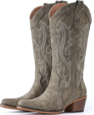 Photo 1 of SZ 9.5 IUV Wide Cowboy Boots For Women Western Cowgirl Boots Mid Calf Snip Toe Boot With Chunky Heel Taupe