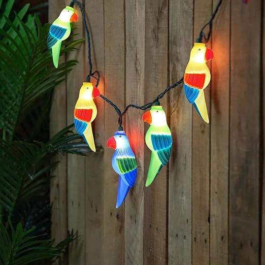 Photo 1 of Outdoor Parrot String Lights, 8.5Ft Tropical Themed LED Patio String Lights with 10 Multicolor Birds Lights, Hanging Novelty Garden Lights for Outdoor Patio Deck Backyard Trees Stair Rails Decoration
