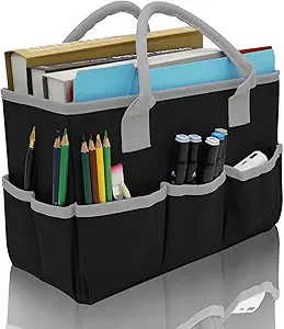 Photo 1 of Cupohus Art Organizer Craft Storage Tote Bag with Pockets and Hadles, Oxford Fabric Carrying Caddy for Teacher, Officer, Artist, Students, Traveler, and more – Black with Grey Edge
