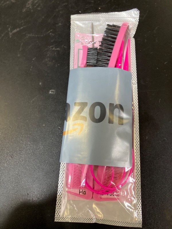 Photo 1 of ZVOREI Hair Brushes Set with 4Pcs Topsy Hair Tail Tools 1Pcs Bristle Teasing Hair Brush 1Pcs Edge Control Brush 2Pcs Metal Pin Rat Tail Combs for Woman Girl Styling,Edge&Back Brushing Pink