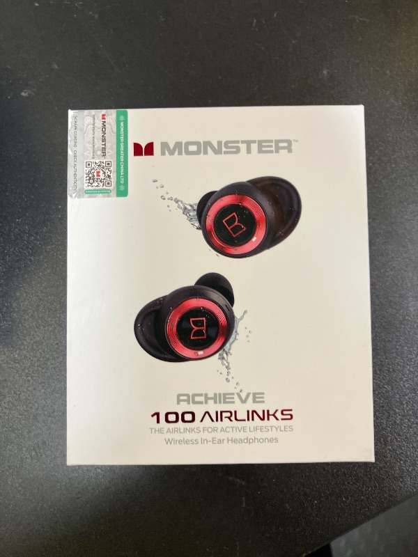 Photo 1 of MONSTER Achieve 100 AirLinks Wireless Earbuds, Bluetooth 5.0 in-Ear Stereo Headphones, USB-C Quick Charge, Built-in Mic for Clear Calls,Water Resistant Design for Sports