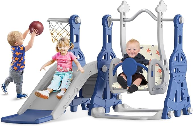 Photo 1 of BIERUM 4 in 1 Toddler Slide and Swing Set, Baby Slide for Toddlers Age 1-2, with Basketball Hoop, Indoor Outdoor Toddler Playset Blue
