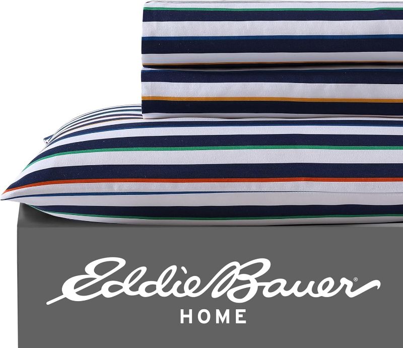 Photo 1 of Eddie Bauer Kids - Full Sheets, Stain-Resistant Toddler Bedding with Matching Sham(s), Super Soft, Ideal Boy Room Essentials (Stripes Game Blue, Full)
