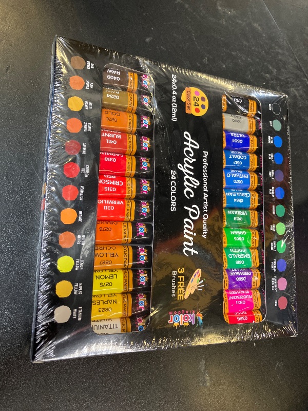 Photo 1 of Acrylic Paint Set Canvas Art Paints 24 Colors Perfect Paint Finish (0.41oz,12 ml) With 3 Brushes - Painting Canvas, Paper, Wood, Rock, MDF, Ceramic & Fabric