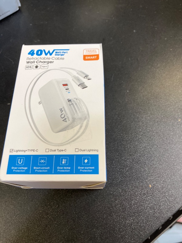 Photo 1 of 4-in-1 Retractable Gan Wall Charger Plug,Travel Essentials Brick Multiport USB Ports,3ft Lightening and Type C Cables,40W Multi Fast Charging Foldable Block for iPhone 16/15/14/13,iPad,Galaxy,Pixel