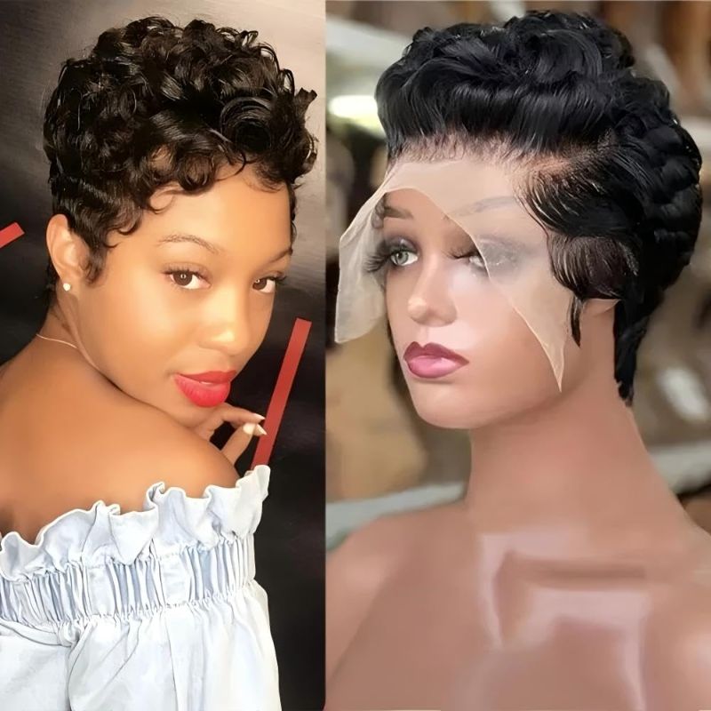 Photo 1 of Culry Lace Front Wig for Black Women Short Bob Wig Human Hair Pre Plucked Pixie Cut Wig 13x4 Lace Wig with Baby Hair 1B Color 150% Density
