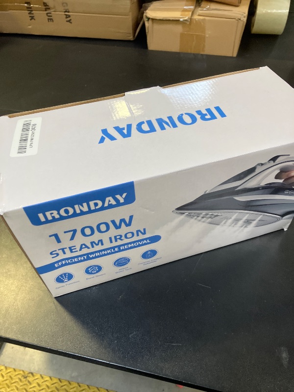 Photo 1 of IRONDAY Steam Iron for Clothes Rapid Heating, 1700W Iron with Non-Stick Ceramic Soleplate, 3-Way Auto-Off, Burst of Steam, Self-Cleaning, 14.07oz Water Tank Ironing Clothes for Home, Grey