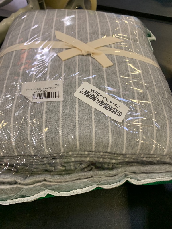 Photo 1 of LIFETOWN Striped Duvet Cover Set 100% Jersey Knit Cotton T-Shirt Feel Ultra Soft Wrinkle-Free (Heathered Light Grey White Stripes, Queen)