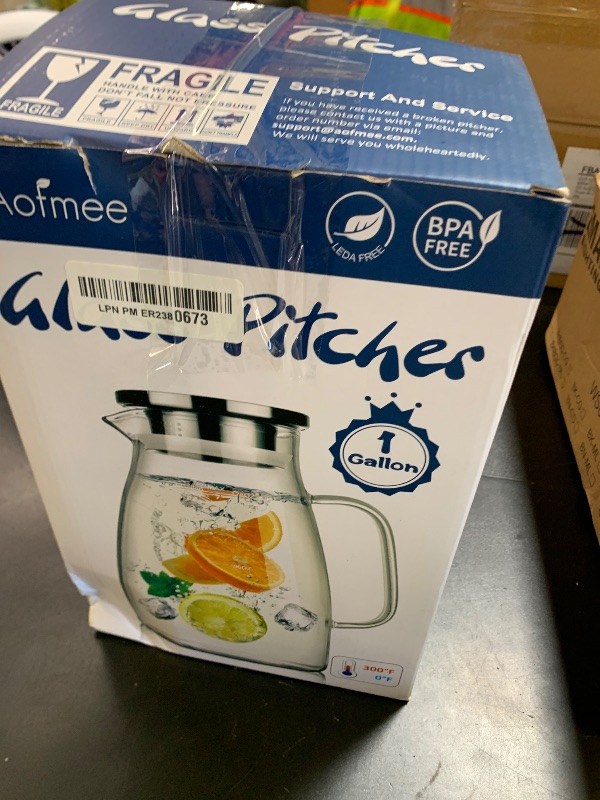 Photo 1 of 1 Gallon 128oz Glass Pitcher, Water Pitcher with Lid and Spout, Glass Carafe for Hot/Cold Drink, Water Jug for Iced Tea, Coffee, Juice, Milk, Beverage (Extra-Wide Mouth)
