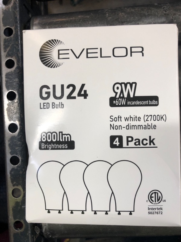 Photo 1 of evelor GU24 LED Light Bulb,60 Watt Equivalent Soft White 2700K,Non-Dimmable,Efficient 9W,800 Lumens Twist and Lock 2 Prong Light Bulbs,15000 Hours,Ideal for Kitchen,Living Room,Bedroom, 4-Pack