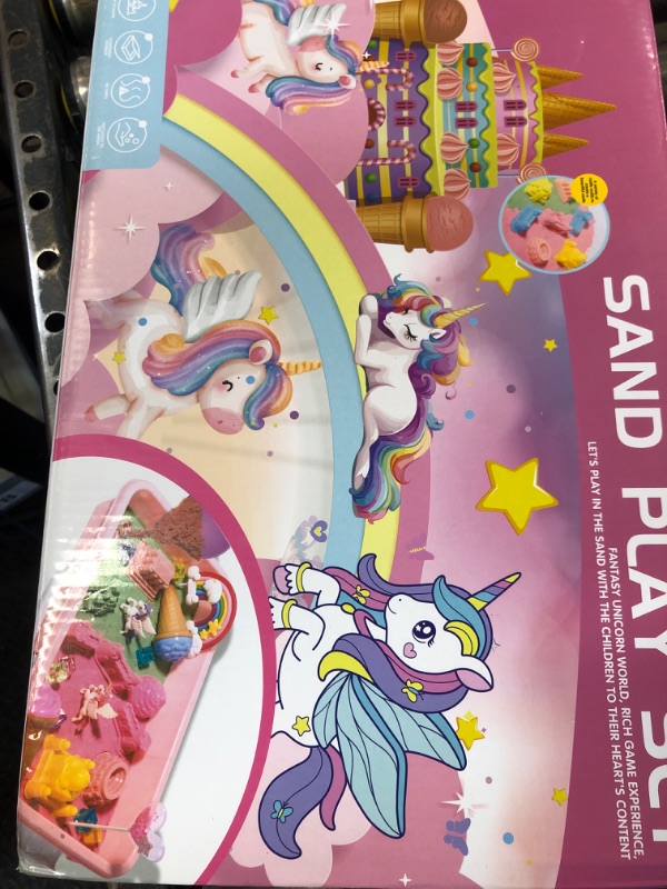 Photo 1 of Weilim Unicorn Sensory Bin for Girl, Magic Sand Art Kit with Sandbox, Color Sand, Unicorn Fine Motor Kids Toy Christmas Birthday Gift for Toddler Ages 3 4 5 6 7 8