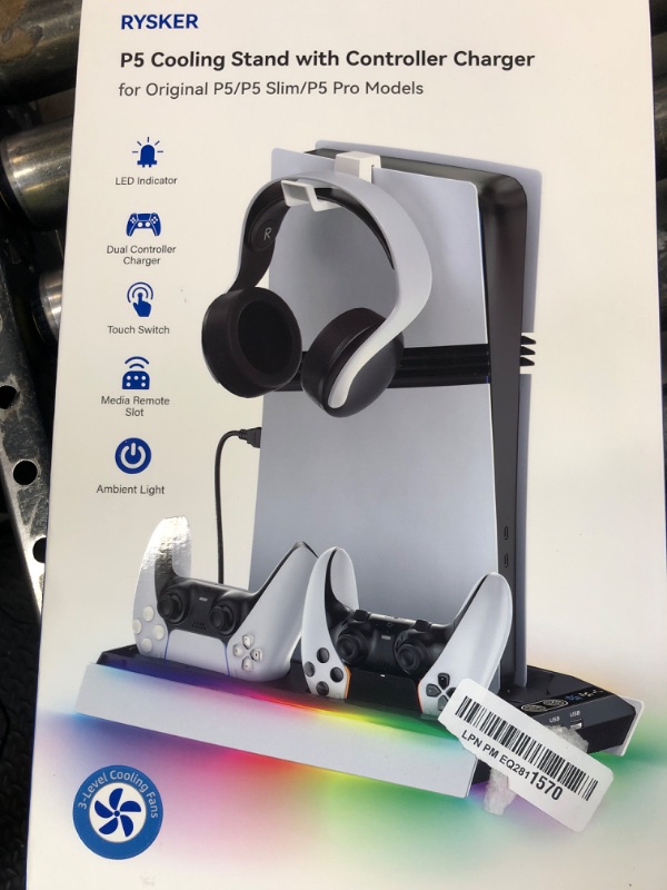 Photo 1 of PS5/Slim/Pro Stand for Disc & Digital Console, PS5 Cooling & Charging Station with RGB Ambient Lighting, PS5 Controller Charger Built-in 3 Level Fan, PS5/Slim/Pro Accessories for PlayStation 5 Case