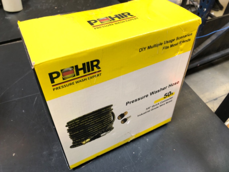 Photo 1 of POHIR Pressure Washer Hose 50 ft with 3/8 Inch Quick Connect, Kink Resistant High Tensile Wire Braided,with 2 pcs M22 14mm Adapter Set, 4200 PSI Power Washer Hose