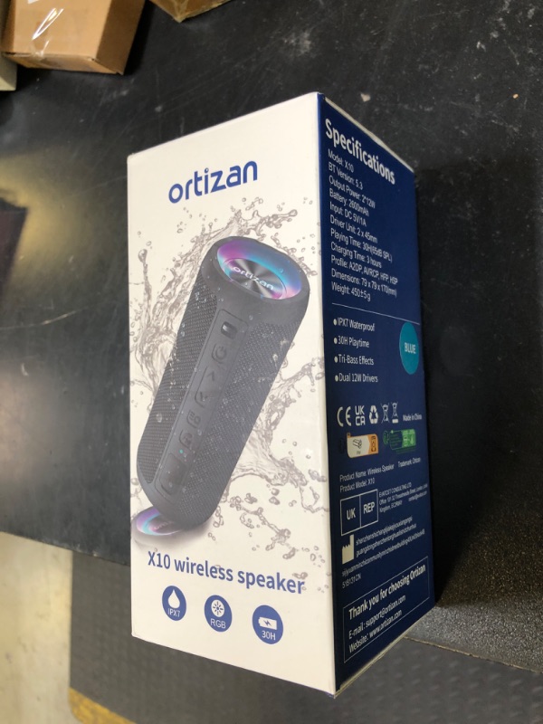 Photo 1 of Ortizan Wireless Portable Bluetooth Speaker, IPX7 Waterproof, Dustproof and Rustproof, Powerful 24W Sound, Enhanced Bass, 30-Hour Battery, 360° Party Light, and Stereo Pairing (BT 5.3), Gifts - Blue