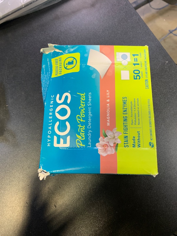 Photo 1 of ECOS Laundry Detergent Sheets Vegan, No Plastic Jug, No Mess & Liquid Free - Laundry Sheets in Washer - Hypoallergenic, Plant Powered Laundry Detergent Sheets - Magnolia & Lily - 50 Sheets (Pack of 1)
