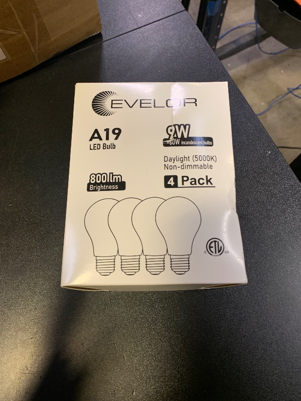 Photo 1 of evelor A19 LED Light Bulbs,60 Watt Equivalent Daylight 5000K with E26 Base,Efficient 9W,800 Lumens Non-Dimmable LED Bulbs,15000 Hours, Ideal for Bedroom Living Room, 4-Packs