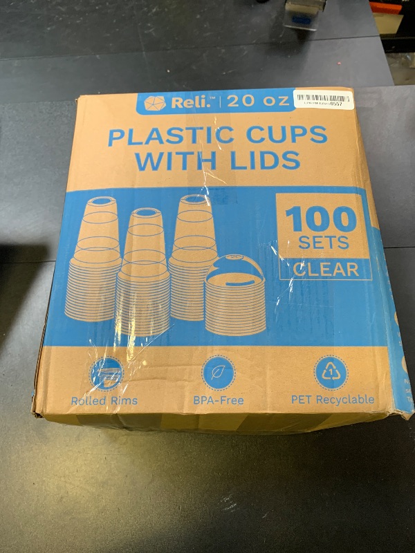 Photo 1 of Reli. Plastic Cups with Lids 20 oz (100 Sets) | Clear Plastic Cups with Dome Lids | 20 oz PET Clear Disposable Bulk | PET Containers for Party, Iced Coffee, Smoothies, To Go Drinks