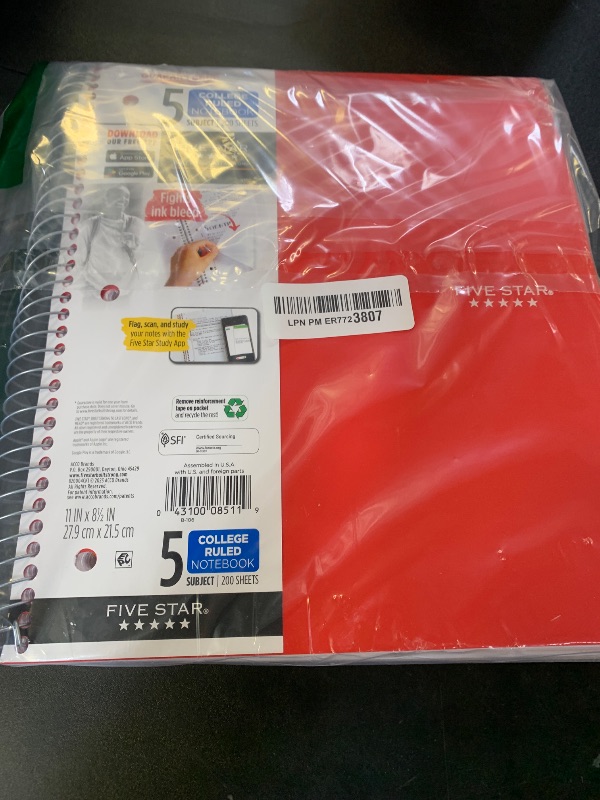 Photo 1 of Five Star Spiral Notebook + Study App, 5 Subject, College Ruled Paper, 8-1/2" x 11", 200 Sheets, Fights Ink Bleed, Water Resistant Cover, Fire Red (72077)