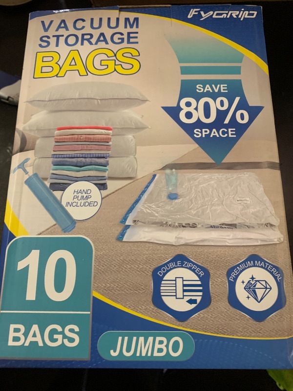 Photo 1 of Fygrip 10 Pack Jumbo Vacuum Storage Bags with Hand Pump, Plastic Packaging Bags, 80% Space Saver Vacuum Seal Bags for Clothing, Travel Lugggage, Blankets, Comforters