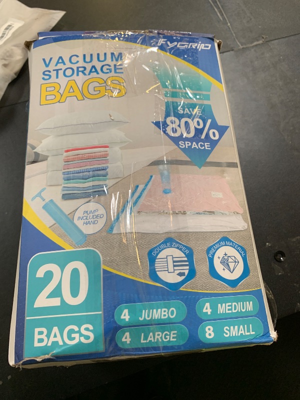 Photo 1 of Fygrip 20 Pack Vacuum Storage Bags with Hand Pump, 4 Jumbo + 4 Large + 4 Medium + 8 Small Plastic Packaging Bags, 80% Space Saver Vacuum Seal Bags for Clothing, Travel Lugggage, Blankets, Comforters