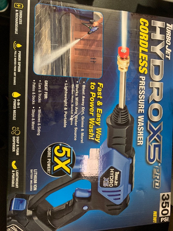 Photo 1 of Ontel Turbo Jet HydroX5 Pro Portable Cordless Pressure Washer (21V 3000mAh Battery), 6-in-1 Nozzle, Dual Water Source, 16ft Detachable Hose
