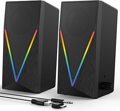 Photo 1 of Computer Speakers, Desktop PC Speakers with 6 Colorful RGB Lights, Headphone Jack, Enhanced Bass and Volume Control, USB Powered & 3.5mm Aux Gaming Speakers for Laptop Monitor PC Tablet Phone
