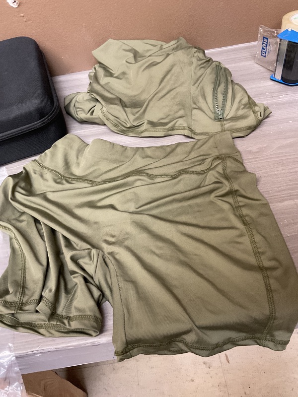 Photo 1 of XZLUFNY Two Piece Short Set Golf Long Sleeve Thumbholes form-Fitting Gym Jacket Drop Waist Legging Short Outfits Army L