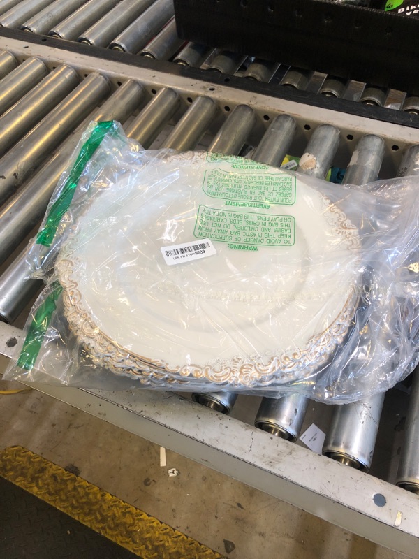 Photo 1 of Okllen 12 Pack Plastic Round Charger Plates, 13" Dinner Charger Dessert Plates with Gold Rim, Vintage Charger Serving Plates for Catering, Wedding, Tabletop Decor, White, Floral Trim