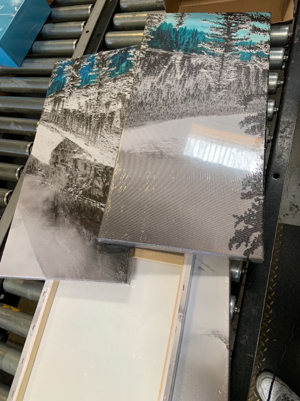 Photo 1 of Derkymo 4 Pieces Teal Blue Moraine Lake Wall Art Black and White Canada Rocky Mountain Picture Landscape Print On Canvas Giclee Artwork for Wall Decor Easy to Hang 12"x24"x2pcs+12"x32"x2pcs