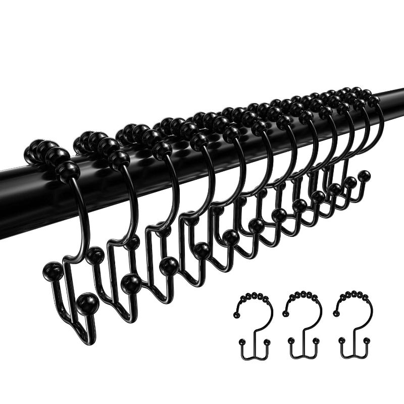 Photo 1 of VMVN Shower Curtain Hooks Rings, Rust Resistant Shower Curtain Rings Metal Hook Double Glide Rollers, Shower Hooks for Bathroom Shower Curtain Rods,Set of 12 Black Style B
