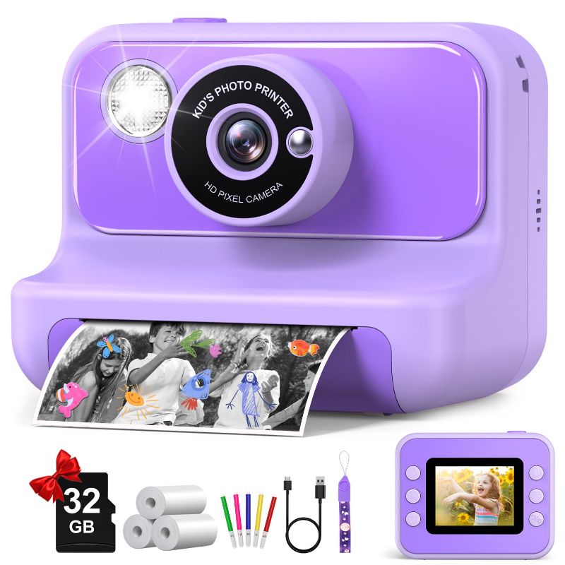Photo 1 of Kids Camera Instant Print, Christmas Birthday Gifts for Girls and Boys, 1080P HD Video Digital Kids Camera with 32G Card, Toddler Camera for 3-12 Years Old, Purple
