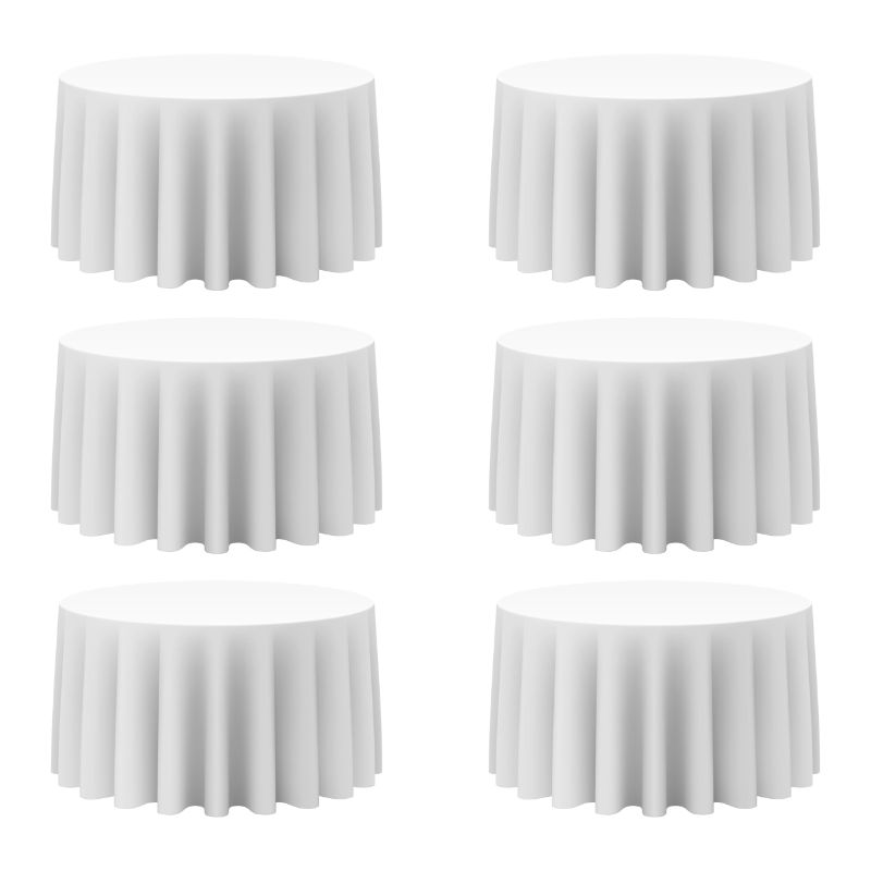 Photo 1 of BRILLMAX 6 Pack White Round Tablecloths 120 Inch - Circle Bulk Linen Polyester Fabric Washable Table Cloth Cover for Wedding Reception Banquet Birthday Party Buffet Restaurant
