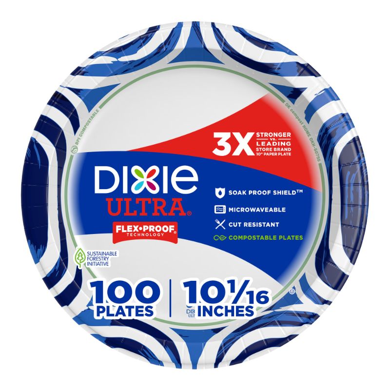 Photo 1 of Dixie Ultra, Large Paper Plates, 10 Inch, 100 Count, 3X Stronger*, Heavy Duty, Microwave-Safe, Soak-Proof, Cut Resistant, Disposable Plates For Heavy, Messy Meals
