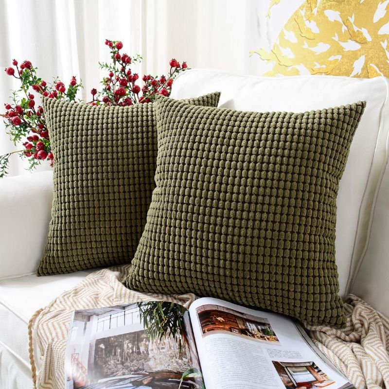 Photo 1 of MERNETTE Pack of 2, Corduroy Soft Decorative Square Throw Pillow Cover Cushion Covers Pillowcase, Home Decor Decorations for Sofa Couch Bed Chair 26x26 Inch/65x65 cm (Granules Olive Green) 26Inchx26Inch Olive Green

