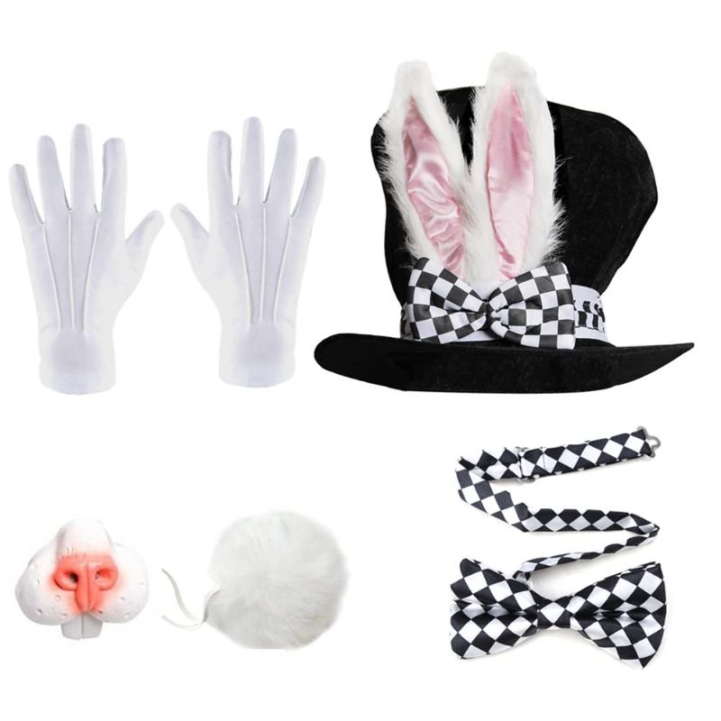 Photo 1 of Alaiyaky Easter Bunny Ear Top Hat Easter White Rabbit Hat Costume Set Rabbit Topper Plush Hat for Halloween Party Costumes Bunny Hat Set
