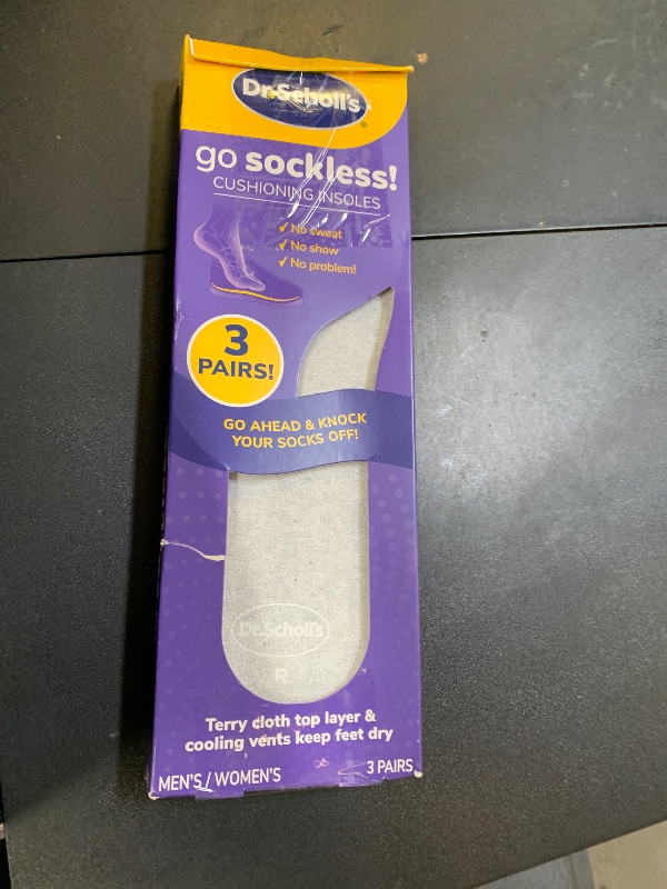 Photo 1 of Dr Scholl’s Go Sockless! Cushioning Insoles for Women Men Unisex, 3 Pairs, Trim to Fit - Absorbs Moisture to Keep Feet Dry, Shoe Inserts for Women Men with Plush Terry Cloth Layer for Added Comfort