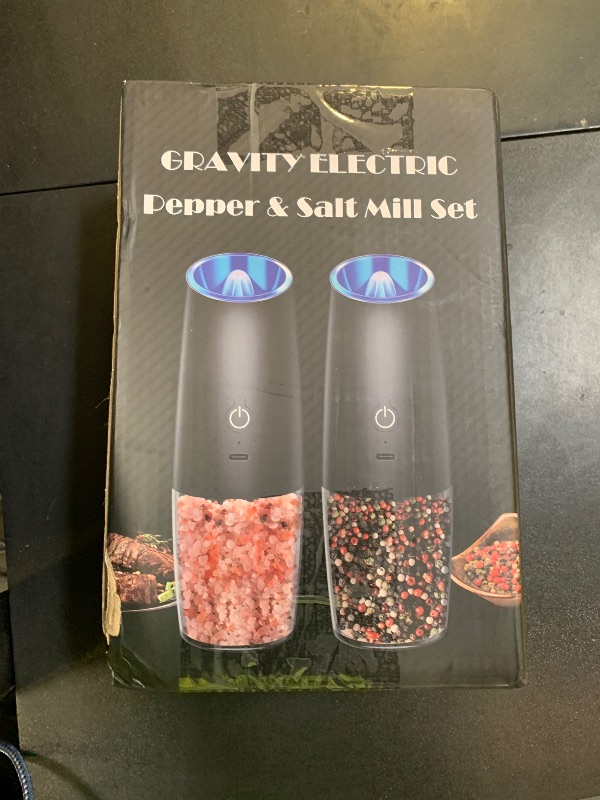 Photo 1 of XinXu Rechargeable Electric Pepper and Salt Grinder Set, No Battery Needed, whit Gravity Sensing Switch and LED Light, One Hand Automatic Operation -Black/2 Pack