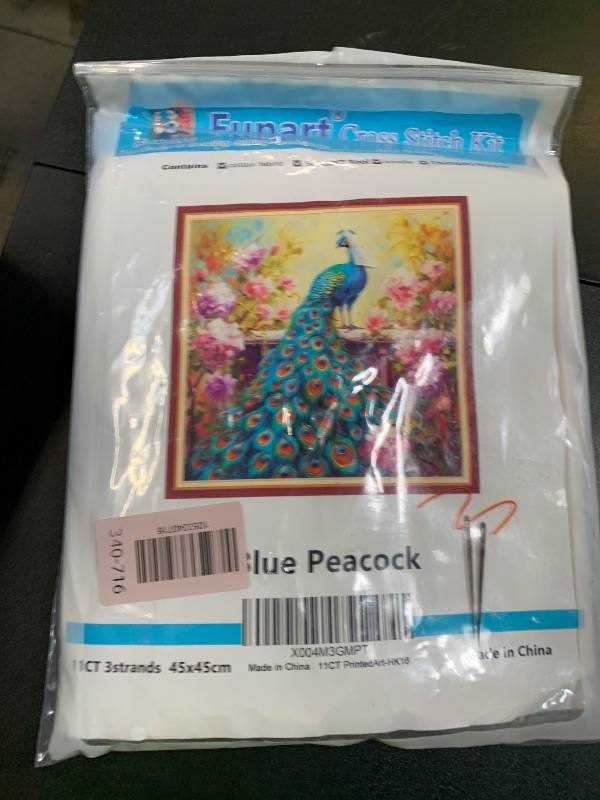 Photo 1 of Funart Stamped Cross Stitch Kits for Beginners Full Range of Cross Stitching Preprinted Embroidery Kits for Adults, 11CT Embroidery Pattern Needlepoint Kits-Blue Peacock 18x18 inchs