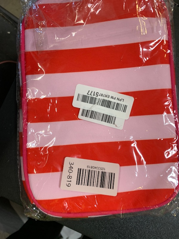 Photo 1 of EMBRUNIOICE Stripe Makeup Bag Travel Cosmetic Bag Organizer Tassel Toiletry Bag Large Canvas Zipper Pouch and Accessories Storage Bag for Women (Red with Pink)